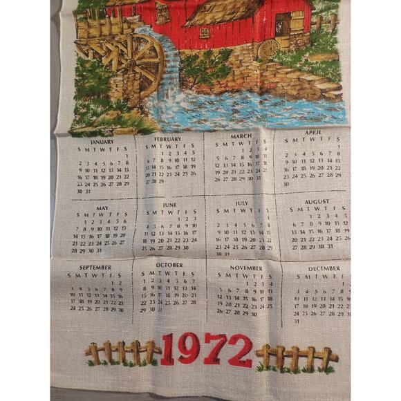 VTG 1972 Linen Hanging Calendar Kitchen Tea Towel Red Barn Old Mill Water Wheel - Picture 3 of 7